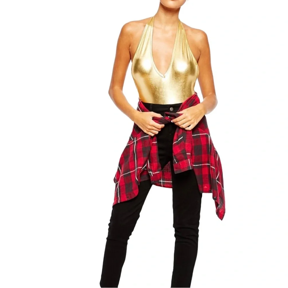AMERICAN APPAREL Plunge Neck Backless Halter Leotard in Metallic Gold - Picture 8 of 10